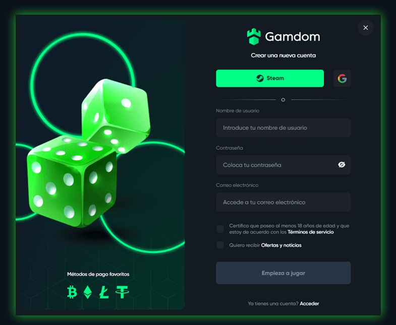 Gamdom Espana registration
